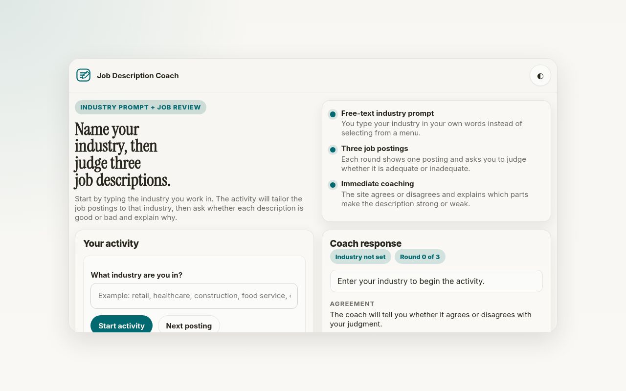 Opening screen of Job Description Coach