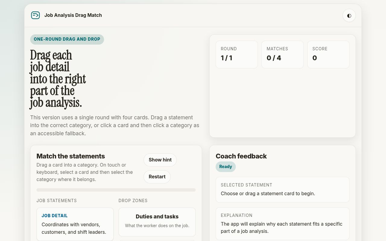 Opening screen of Job Analysis Drag Match